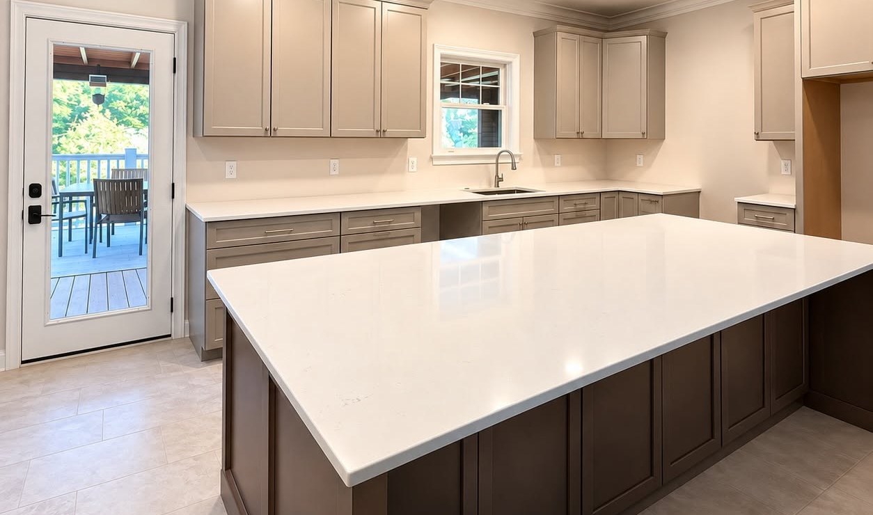 White quartz kitchen island and perimeter countertops with an undermount sink and window, installed by Absolute Stone Design TN