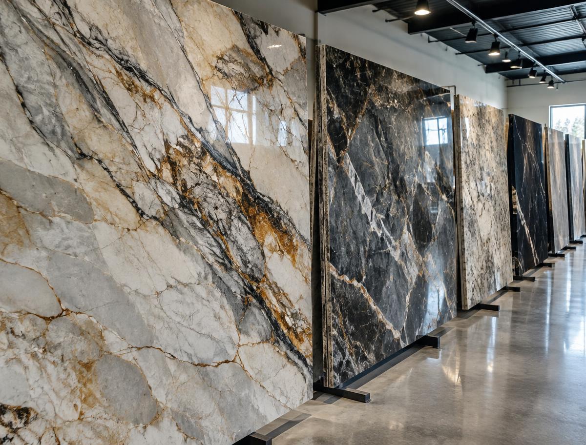 Polished quartzite slabs on display in our Chattanooga slab yard